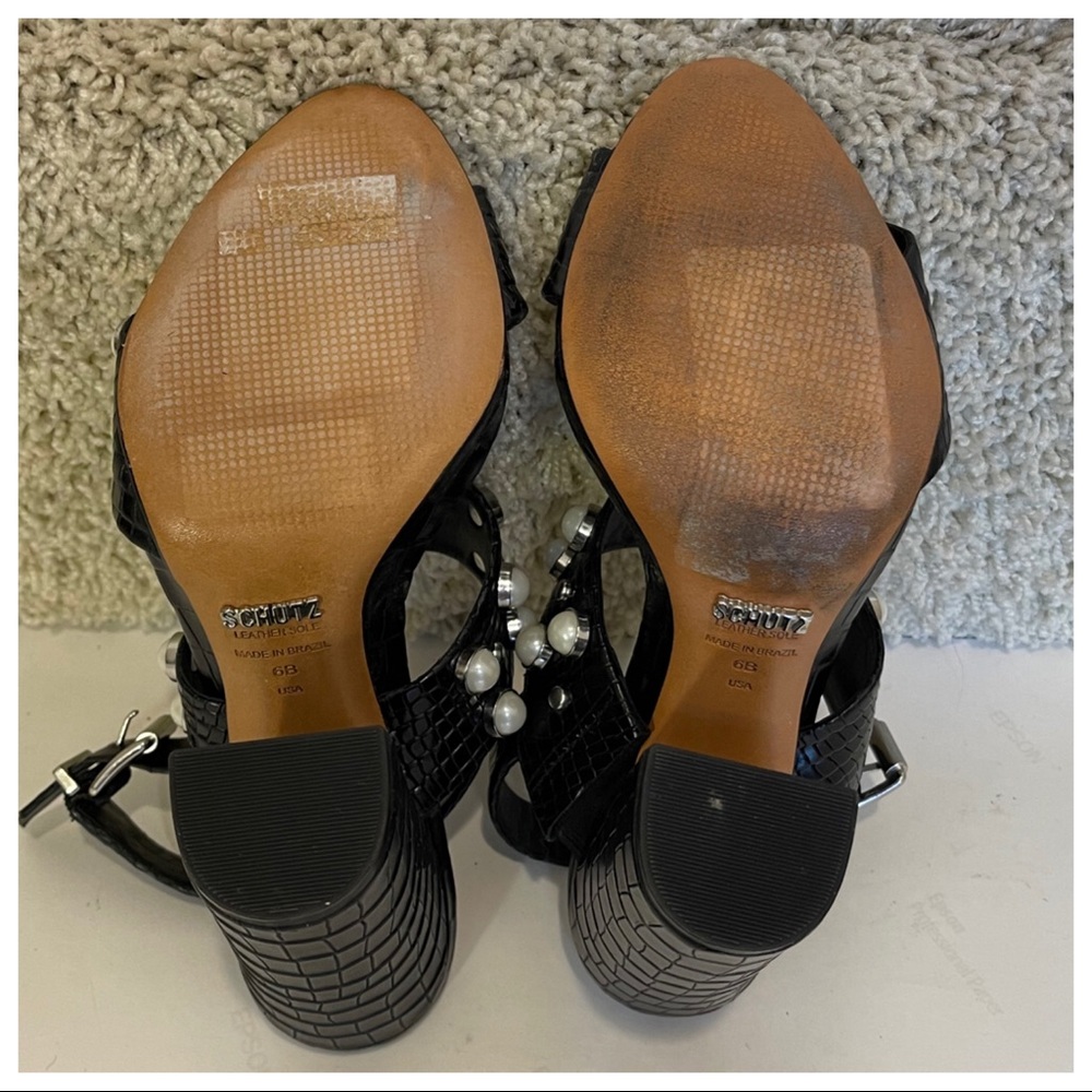 Schutz Zarita Sandal Black Leather open Toe Pearl Pump (6) - Picture 12 of 13